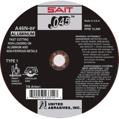 United Abrasives - Sait 23316 Cut Off Wheel Type 1 A46N 6" x .045" x 7/8" 46 Grit Aluminum Oxide - Pkg Qty 50