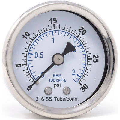PIC Gauges 2.5" All SS Pressure Gauge, 1/4" NPT,0/30 PSI, Dry Fillable, Ctr Back Mount, 302D-254C