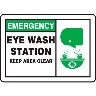 Accuform MFSD928VA Emergency Sign, Eye Wash Station Keep Area Clear (Graphic), 10"W x 7"H, Aluminum