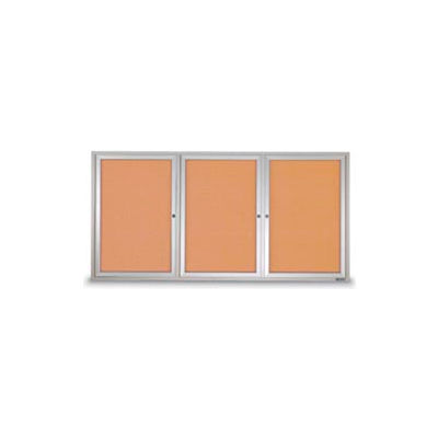 United Visual 72"W x 48"H 3-Door Outdoor Enclosed Illuminated Corkboard w/Satin Aluminum Frame