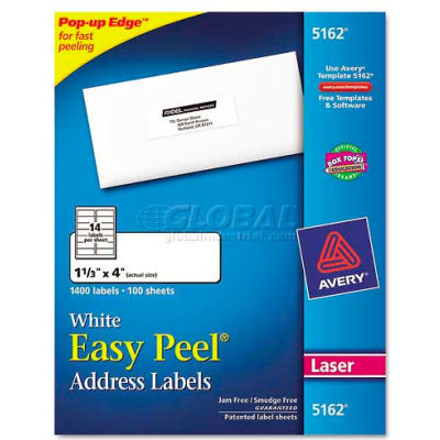 Easy Peel Laser Address Labels, 1-1/3 x 4, White, 1400 Labels | B1373402 - GLOBALindustrial.com