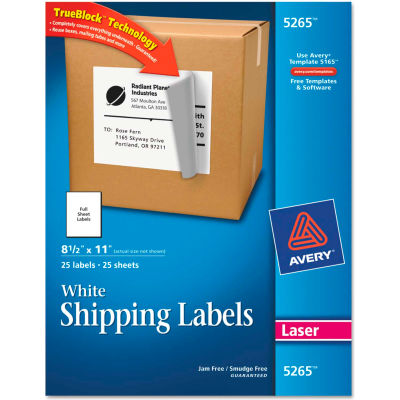 Avery® Shipping Labels with TrueBlock Technology, 8-1/2 x 11, White, Laser, 25/Pack