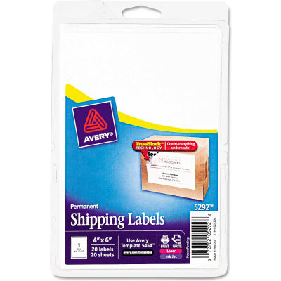 Avery® Laser/Inkjet Shipping Labels w/TrueBlock Technology, 4 x 6, White, 20/PK