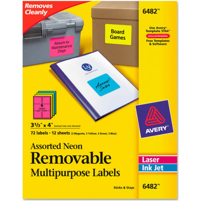 Avery® Removable Self-Adhesive Multipurpose Labels, 3-1/3 x 4, Assorted Neon, 72/Pack | B1601930 ...