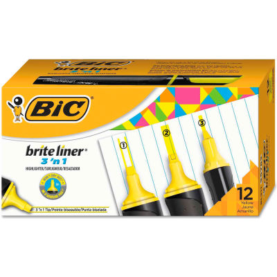 BIC® Brite Liner 3 'n 1 Highlighters, 3 'n 1 Chisel Tip, Yellow, Dozen