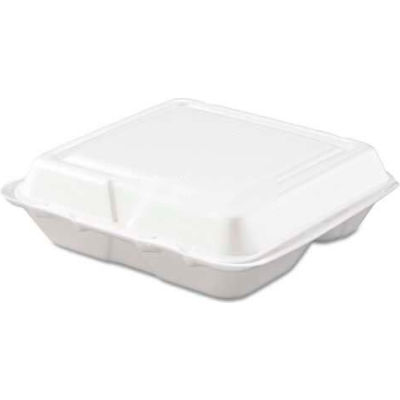 DART® 80HT3R, Foam Hinged Food Container, 3 Compartments, White, 200/Carton