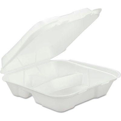 Hinged Lid Foam Food Containers 9-1/4" x 9-1/4" x 3" 3 Compartments - 200 Pack