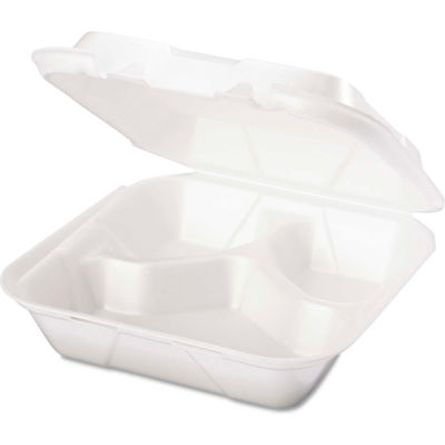 Hinged Lid Foam Food Container 8-1/4" x 8" x 3" 3 Compartment - 200 Pack