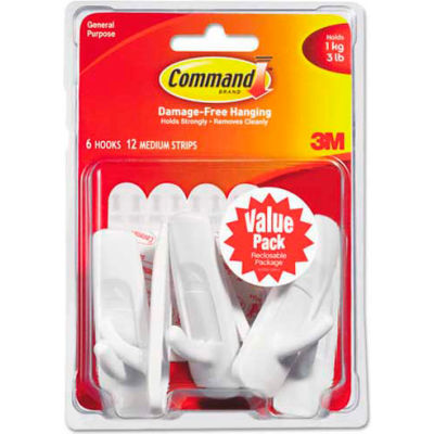 3M Command™ General Purpose Hooks Value Pack, Medium, Holds 3-lb, White, 6/Pack