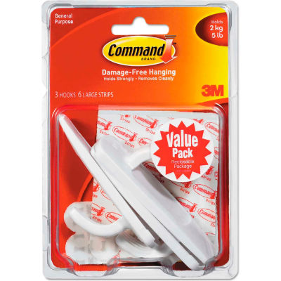 3M Command™ General Purpose Hooks Value Pack, Large, 5lb Cap, White, 3 Hooks & 6 Strips/Pack