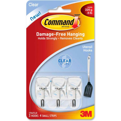 3M Command™ Clear Hooks & Strips, Plastic/Wire, Small, 3 Hooks w/ 4 Adhesive Strips per Pack