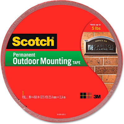 Scotch® Exterior Weather-Resistant Double-Sided Tape, 1" x 450", Gray w/Red Liner