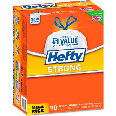 Hefty® Strong Tall Kitchen Drawstring Trash Bags - White, 13 Gal, 0.9 Mil, 90/Box -RFPE84574
