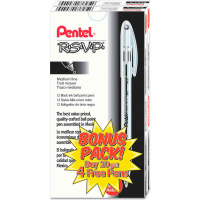 Pentel® R.S.V.P. Stick Ballpoint Pen Value Pack, 1mm, Black Ink, Clear/Black Barrel, 24/Pack