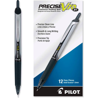 Pilot® Precise V10RT Retractable Roller Ball Pen, Bold 1 mm, Black Ink/Barrel, Dozen