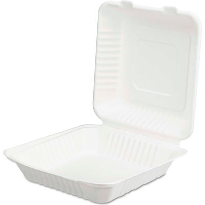 Hinged Lid Compostable Sugarcane Fiber Containers 9" x 3" x 9" - 200 Pack