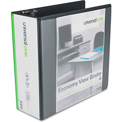 Universal® Economy D-Ring Vinyl View Binder, 4" Capacity, Black