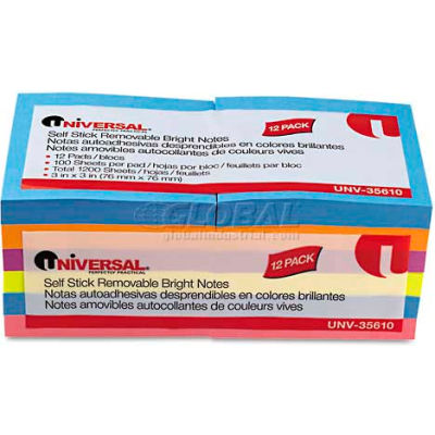 Universal One® Standard Self-Stick Bright Pads, 3 x 3, 4 Colors, 12 100-Sheet Pads/Pack