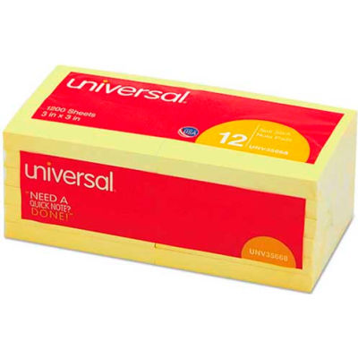 Universal® Standard Self-Stick Notes, 3 x 3, Yellow, 12 100-Sheet Pads/Pack