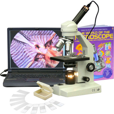 AmScope M500C-PB10-WM-E 40X-2500X Advanced Compound Microscope with Digital Camera, Slide Kit & Book