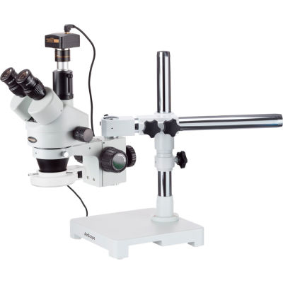 AmScope SM-3T-54S-M 7X-45X Trinocular LED Boom Stand Stereo Zoom Microscope with 1.3MP Camera