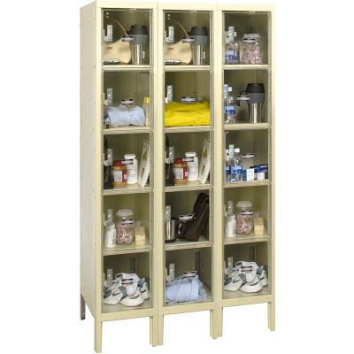 Global Industrial Five Tier 15 Door Clear View Locker, 12"Wx12"Dx12"H, Tan, Unassembled