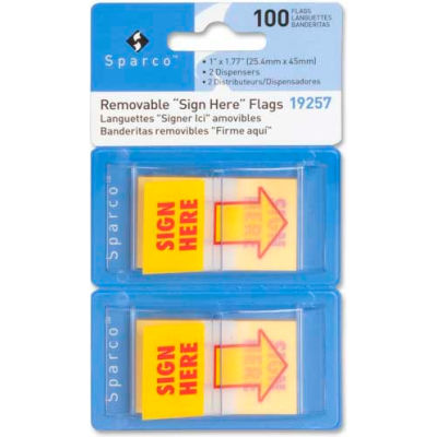 Sparco™ "Sign Here" Flags, 1" x 1-3/4", Yellow, 50 Flags/Dispenser, 2 Dispensers/Pack