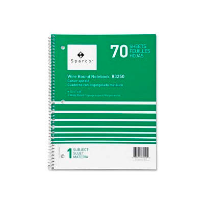 Sparco™ 1-Subject Notebook, 8" x 10-1/2", Wide Ruled, Bright White, 70 Sheets/Pad