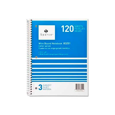 Sparco™ 3-Subject Notebook, 8" x 10-1/2", Wide Ruled, Bright White, 120 Sheets/Pad