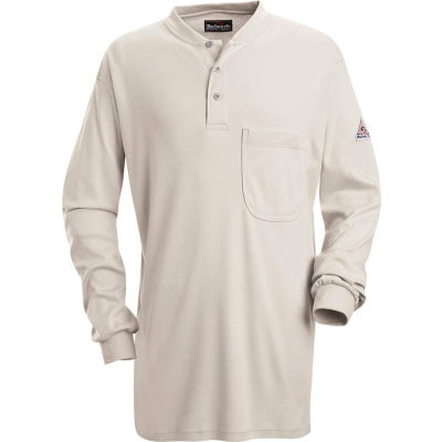 EXCEL FR® Flame Resistant Long Sleeve Tagless Henley Shirt SEL2, Gray, Size L Long