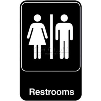 Vollrath® Restrooms Sign, 5617, Black With White Print, 6" X 9"