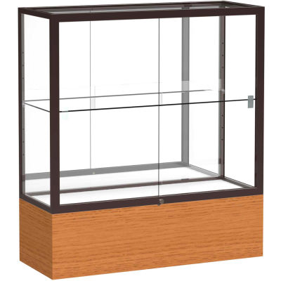 Reliant Counter Case, Mirror Back, Dark Bronze Frame, Carmel Oak Base, 36"L x 40"H x 14"D