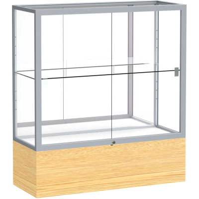 Reliant Counter Case, Mirror Back, Satin Frame, Light Oak Vinyl Base, 36"L x 40"H x 14"D