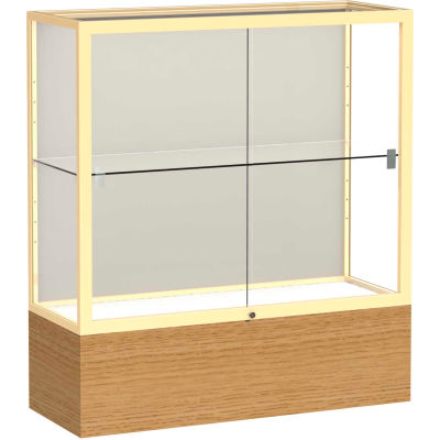 Reliant Counter Case, Plaque Back, Champagne Gold Frame, Autumn Oak Base, 36"L x 40"H x 14"D