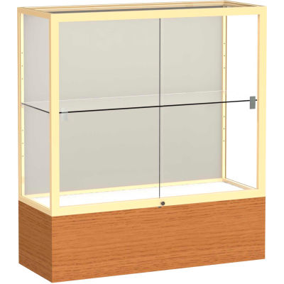 Reliant Counter Case, Plaque Back, Champagne Gold Frame, Carmel Oak Base, 36"L x 40"H x 14"D