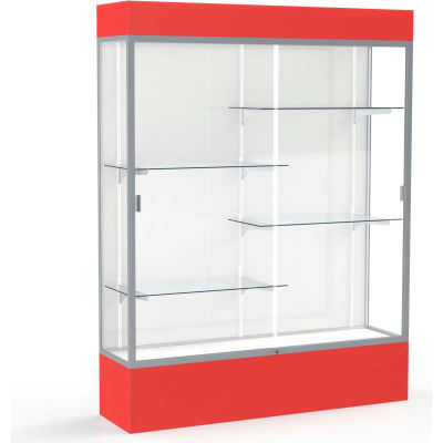 Spirit Lighted Display Case 60"W x 80"H x 16"D White Back Satin Finish Red Base & Top