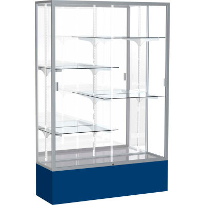 Spirit Display Case Navy Base, Satin Frame, Mirror Back 48"W x 16"D x 72"H