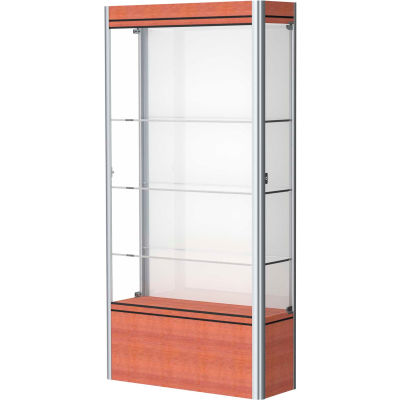 Contempo Lighted Floor Case, White Back, Cherry Base, Satin Frame, 36"L x 72"H x 14"D