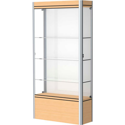 Contempo Lighted Floor Case, White Back, Light Maple Base, Satin Frame, 36"L x 72"H x 14"D