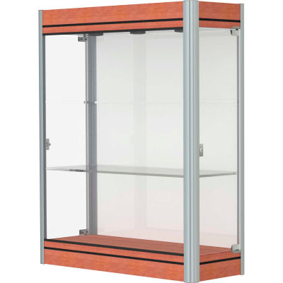 Contempo Lighted Wall Case, White Back, Cherry Base, Satin Frame, 36"L x 44"H x 14"D