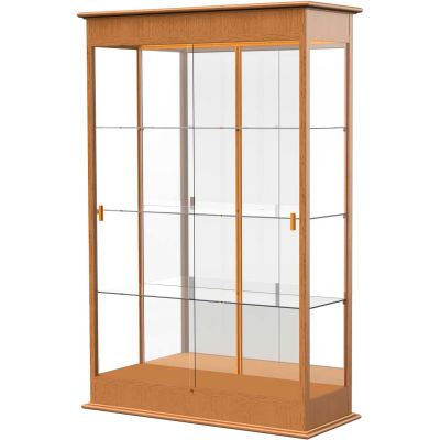 Varsity Display Case Carmel Oak, Mirror Back, Sliding Door 48"W x 18"D x 77"H