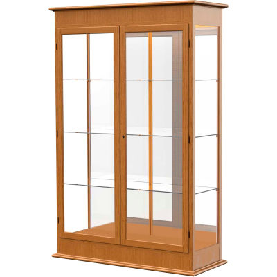 Varsity Display Case Carmel Oak, Mirror Back, Hinged Door 48"W x 18"D x 77"H