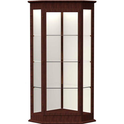 Varsity Lighted Corner Case, Hinged Door, Plaque Back, Espresso Frame, 28"L x 77"H x 28"D