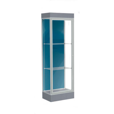 Edge Lighted Floor Case, Blue Steel Back, Satin Frame, 6" Carbon Mesh Base, 24"W x 76"H x 20"D