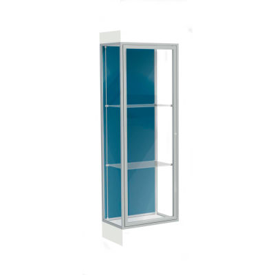 Edge Lighted Floor Case, Blue Steel Back, Satin Frame, 6" Frosty White Base, 24"W x 76"H x 20"D