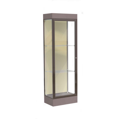 Edge Lighted Floor Case, Silk Back, Dark Bronze Frame, 6" Morro Zephyr Base, 24"W x 76"H x 20"D
