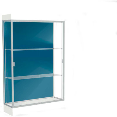 Edge Lighted Floor Case, Blue Steel Back, Satin Frame, 6" Frosty White Base, 48"W x 76"H x 20"D