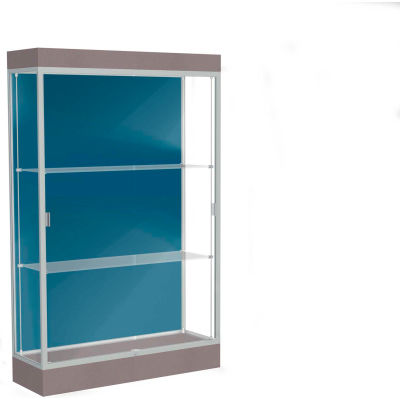 Edge Lighted Floor Case, Blue Steel Back, Satin Frame, 6" Morro Zephyr Base, 48"W x 76"H x 20"D