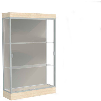 Edge Lighted Floor Case, Harbor Back, Satin Frame, 6" Chardonnay Base, 48"W x 76"H x 20"D