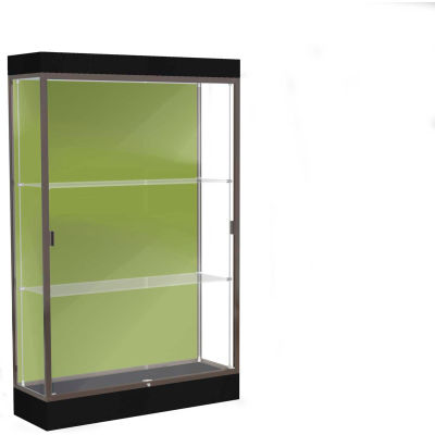 Edge Lighted Floor Case, Pale Green Back, Dark Bronze Frame, 6" Black Base, 48"W x 76"H x 20"D